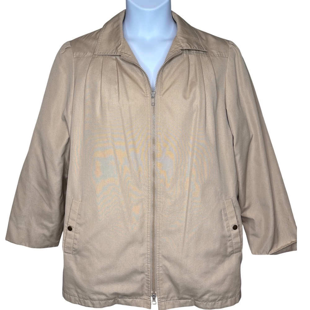 London Fog Womens Tan Zip Front Jacket Sz 13/14 Removable Faux Fur Liner Classic